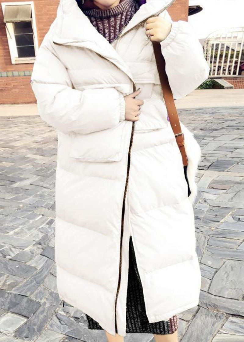 Casual Loszittende Damesparka Winteroutwear Witte Opstaande Kraag Cinched Eendendonsjas - Wit