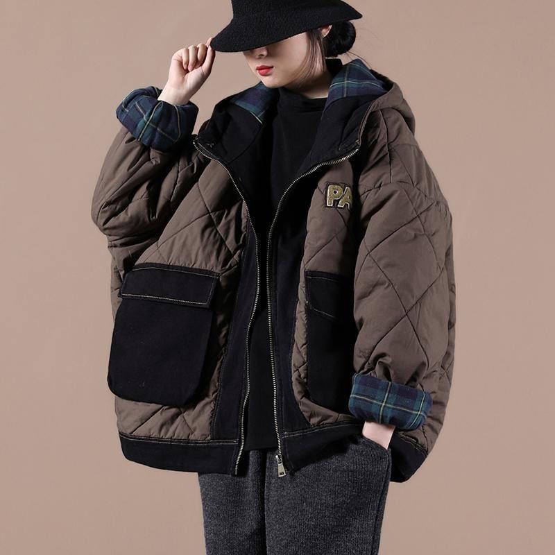 Casual Oversized Warme Winterjas Chocolade Patchwork Geruite Parka's Met Capuchon Voor Dames