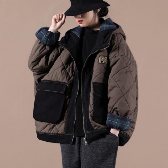 Casual Oversized Warme Winterjas Chocolade Patchwork Geruite Parka's Met Capuchon Voor Dames