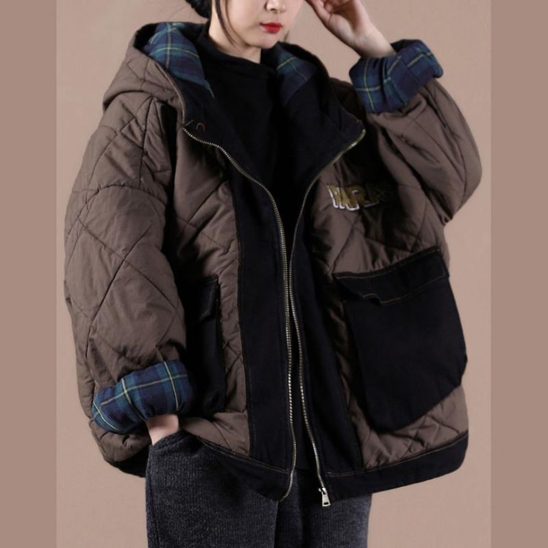 Casual Oversized Warme Winterjas Chocolade Patchwork Geruite Parka's Met Capuchon Voor Dames - Zwart