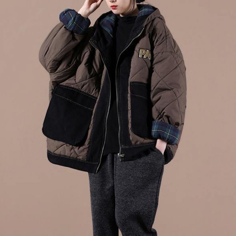 Casual Oversized Warme Winterjas Chocolade Patchwork Geruite Parka's Met Capuchon Voor Dames - Zwart