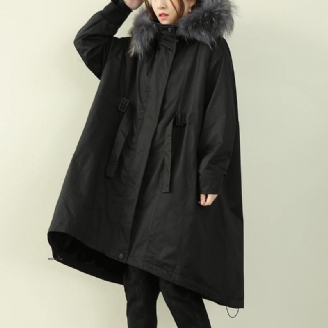 Casual Oversized Winteroutwear Zwarte Winterparka's Met Imitatiebontkraag En Capuchon