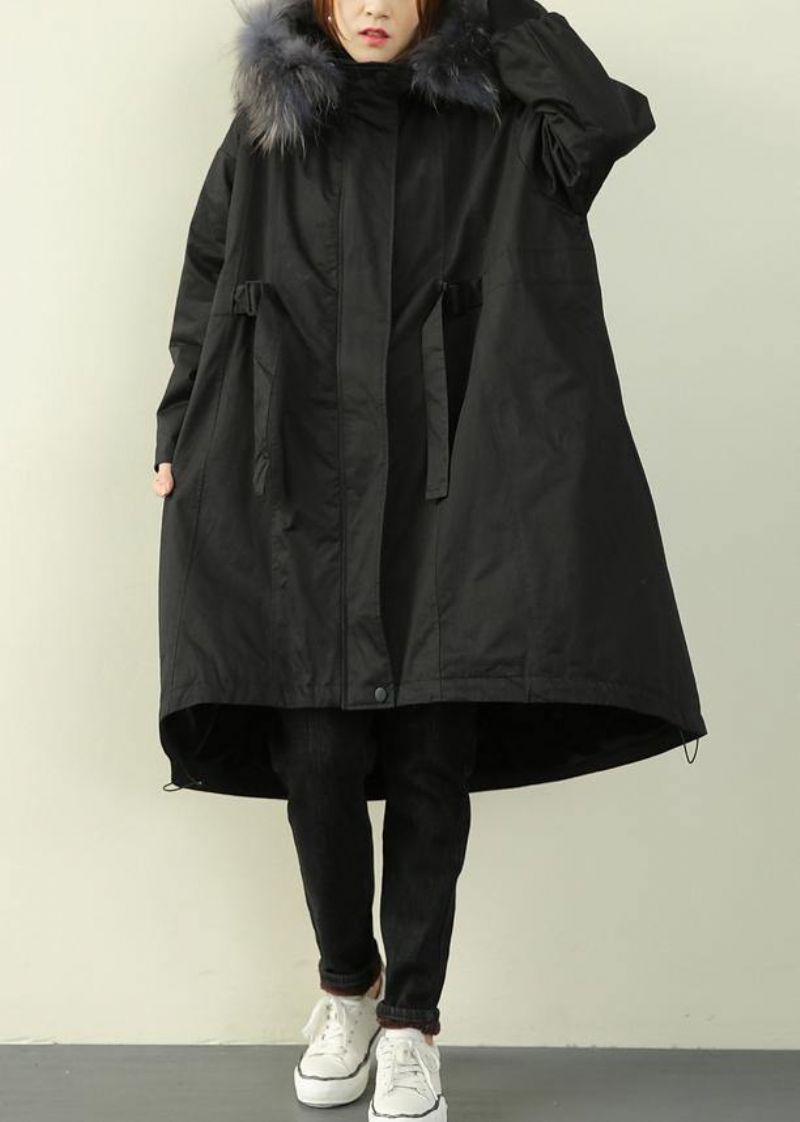 Casual Oversized Winteroutwear Zwarte Winterparka's Met Imitatiebontkraag En Capuchon - Zwart