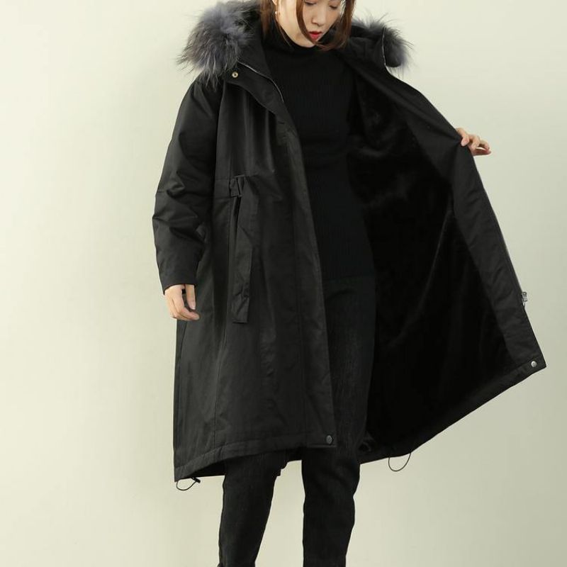 Casual Oversized Winteroutwear Zwarte Winterparka's Met Imitatiebontkraag En Capuchon - Zwart