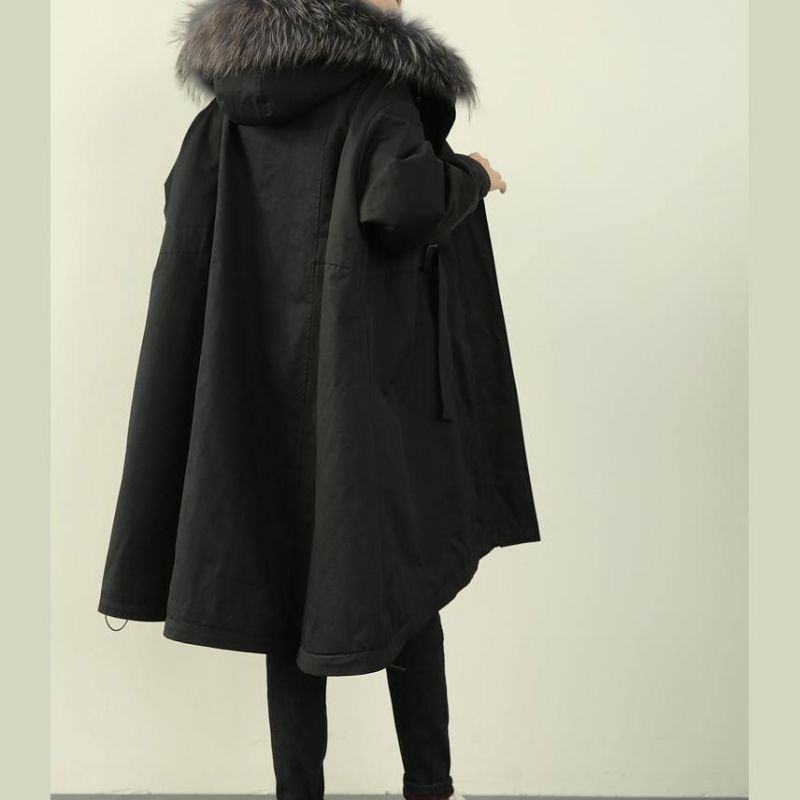 Casual Oversized Winteroutwear Zwarte Winterparka's Met Imitatiebontkraag En Capuchon - Zwart