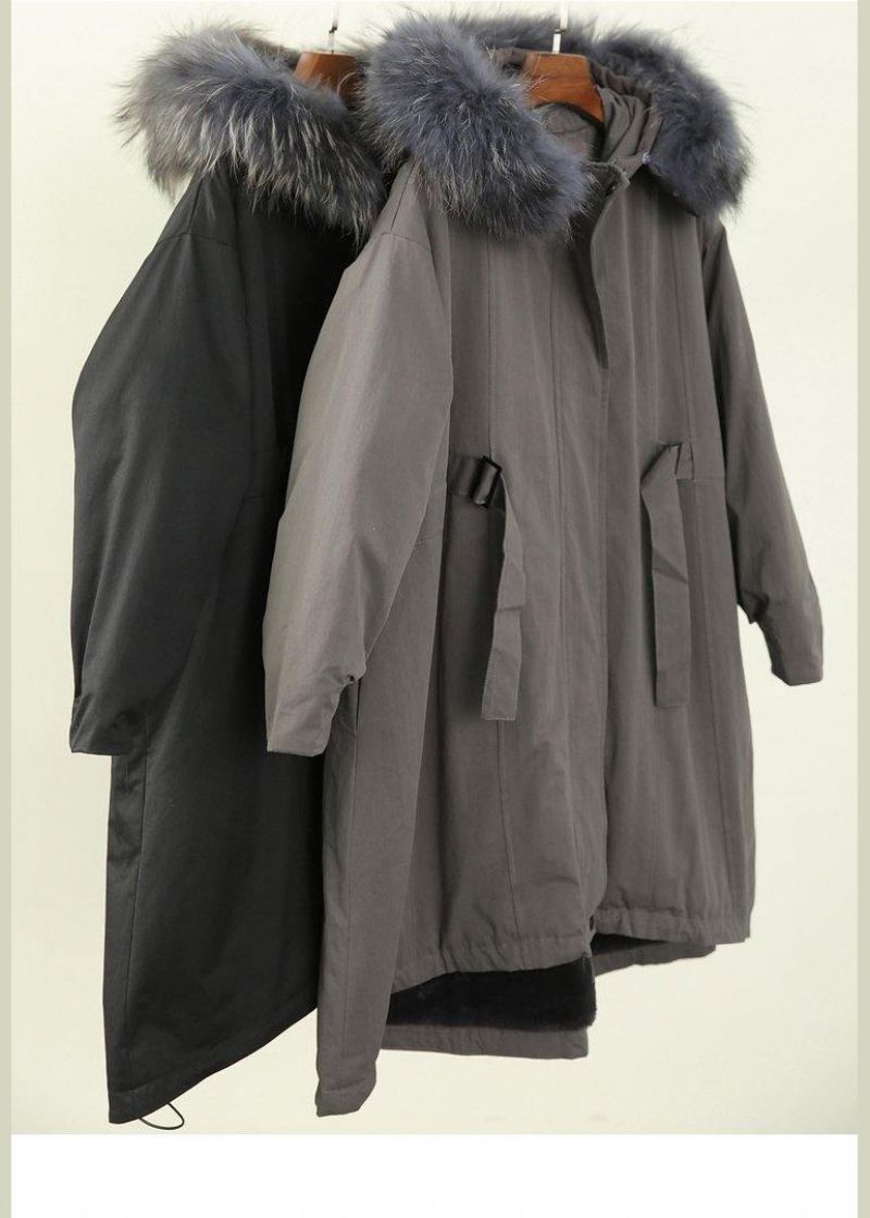 Casual Oversized Winteroutwear Zwarte Winterparka's Met Imitatiebontkraag En Capuchon - Zwart