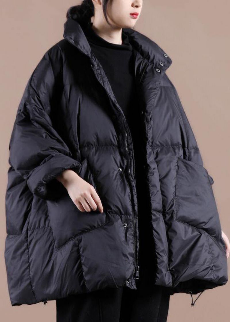 Casual Plus Size Kleding Damesparka Jassen Zwarte Opstaande Kraag Grote Zakken Donsjas Winter - Zwart