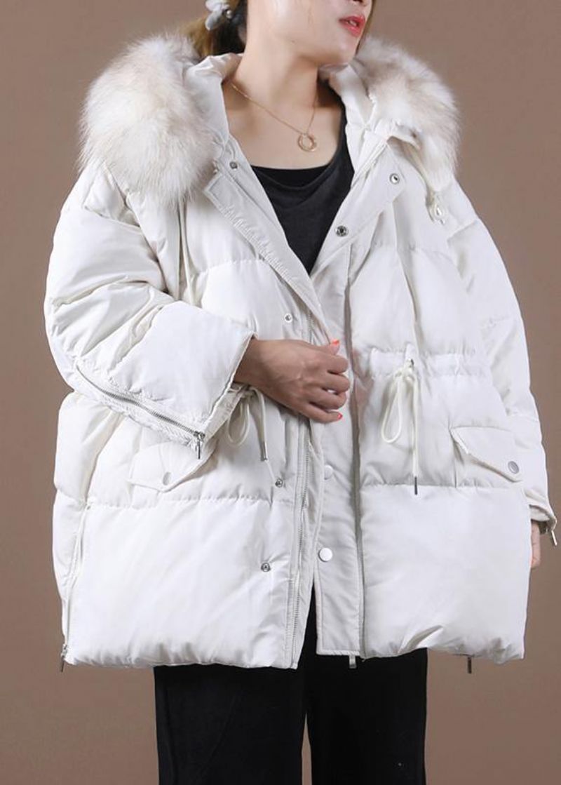 Casual Plus Size Sneeuwjassen Winteruitloper Witte Ganzendonsjas Met Capuchon En Bontkraag - Zwart