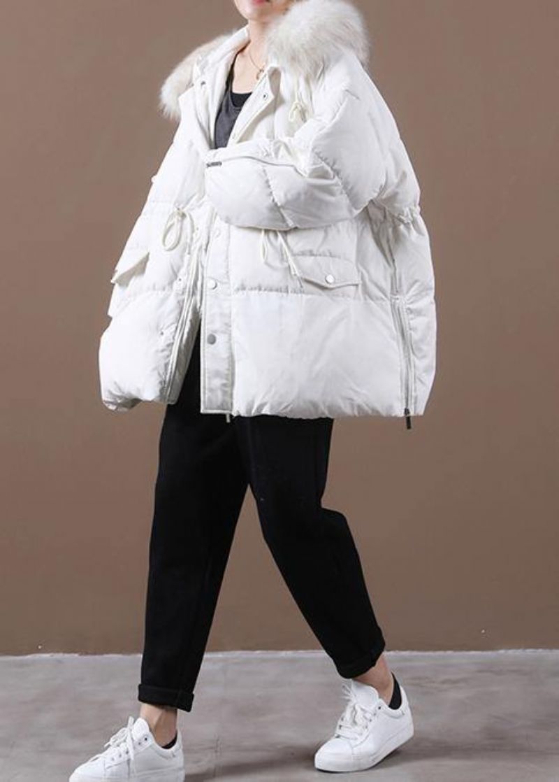 Casual Plus Size Sneeuwjassen Winteruitloper Witte Ganzendonsjas Met Capuchon En Bontkraag - Zwart