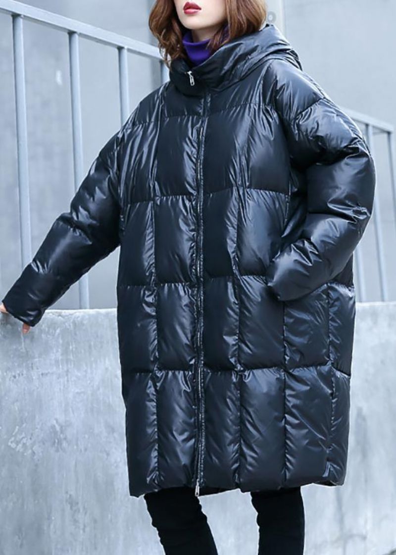 Casual Plus Size Warme Winterjas Overjas Zwarte Parka's Met Capuchon En Ritssluiting - Zwart