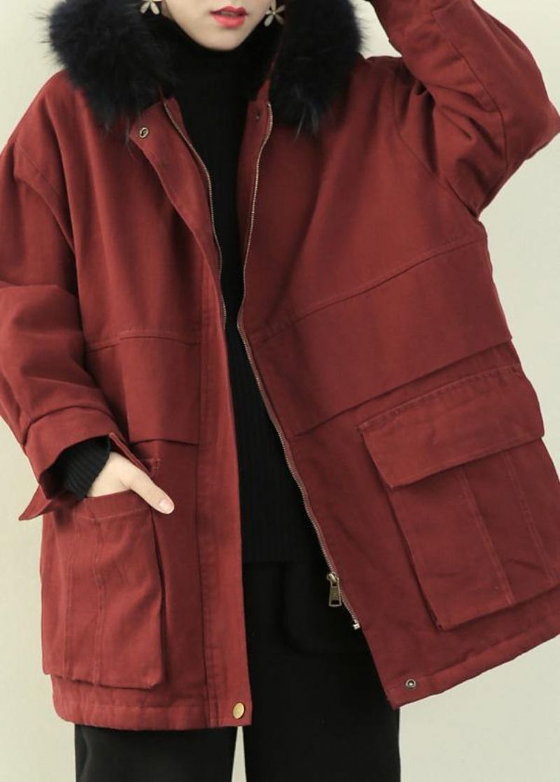 Casual Plus Size Warme Winterjas Winterjassen Rode Nepbontkraag Uitloper - Rood