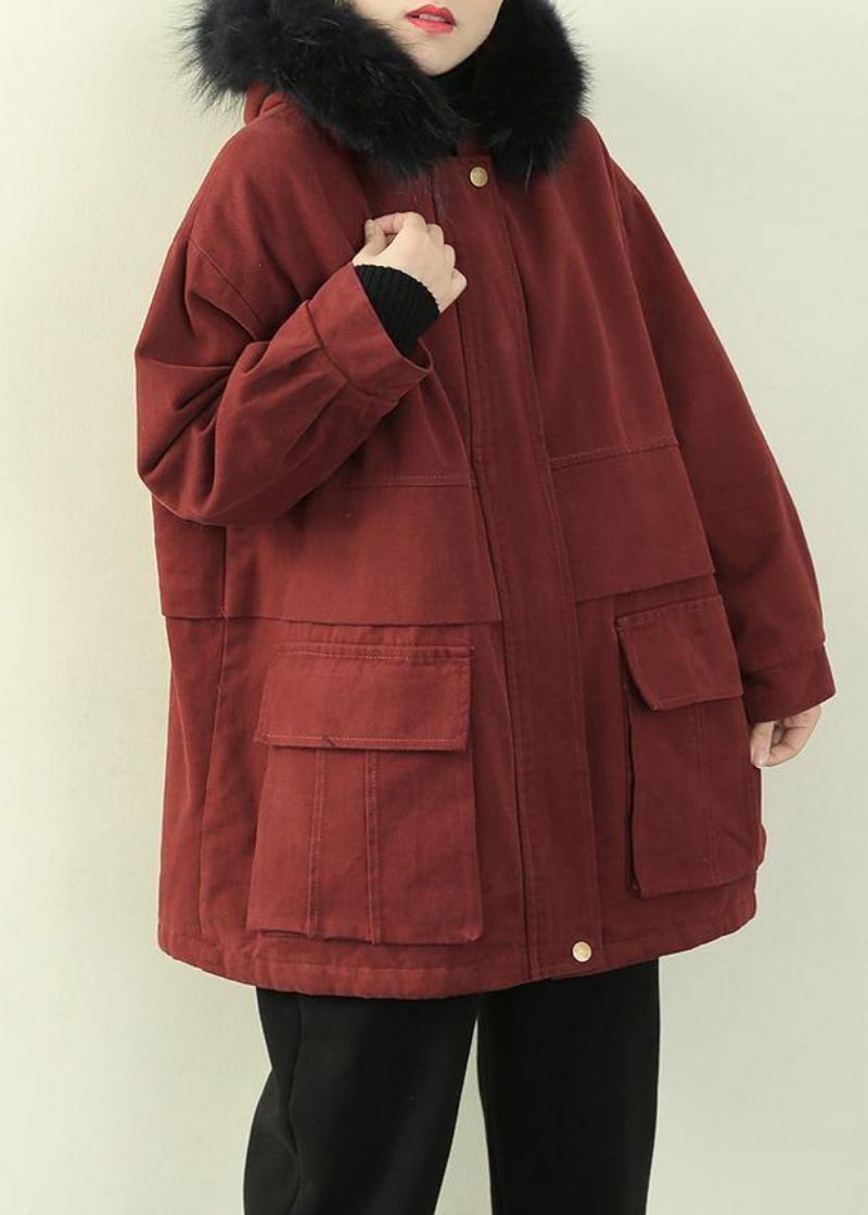 Casual Plus Size Warme Winterjas Winterjassen Rode Nepbontkraag Uitloper - Rood