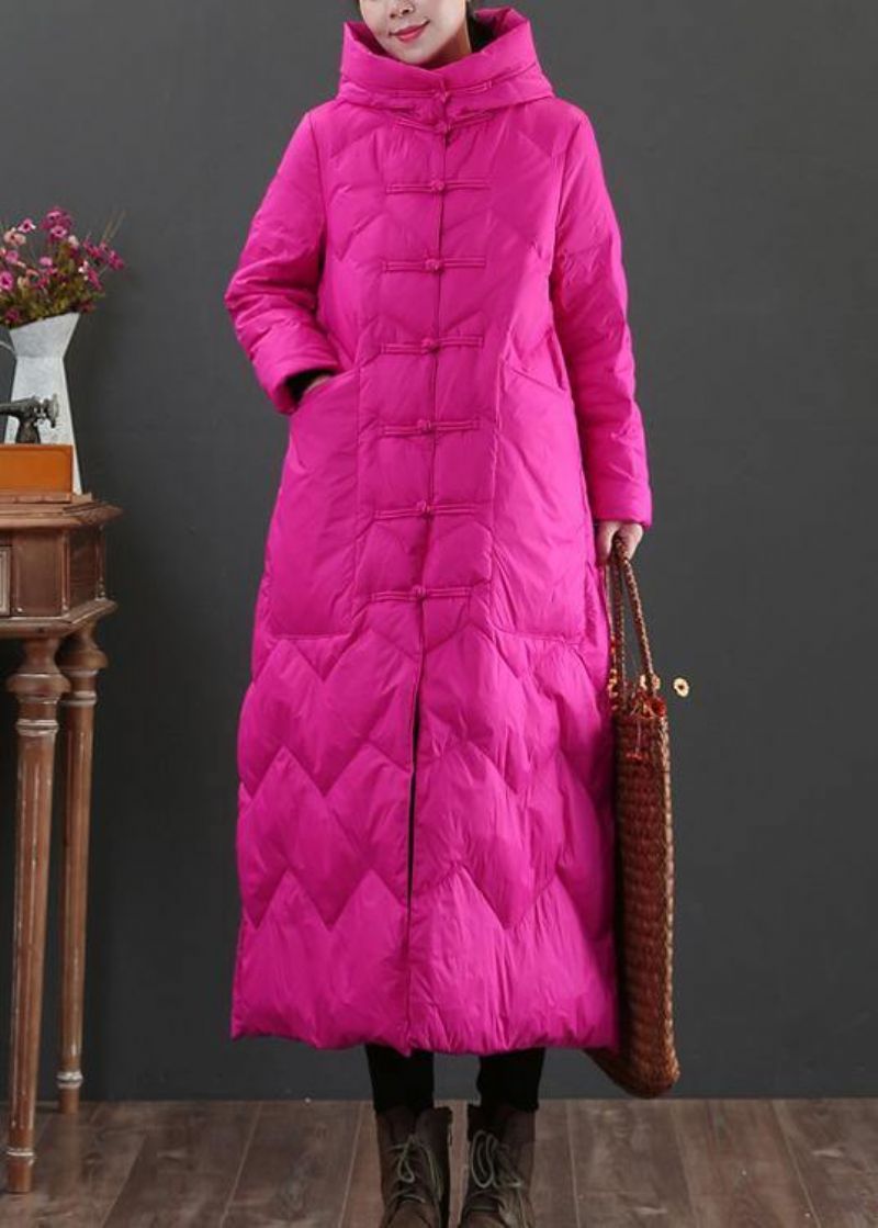 Casual Roze Warme Winterjas Loszittende Damesparka Met Capuchon Chinese Knop Uitloper