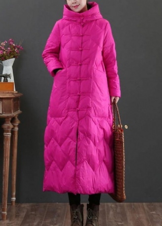 Casual Roze Warme Winterjas Loszittende Damesparka Met Capuchon Chinese Knop Uitloper