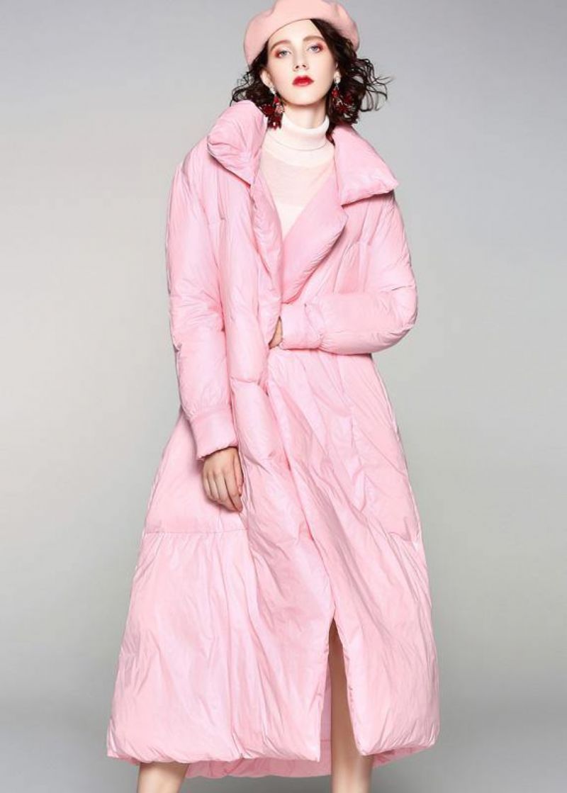 Casual Winterjas Met Gestrikte Taille Roze Reverskraag Warme