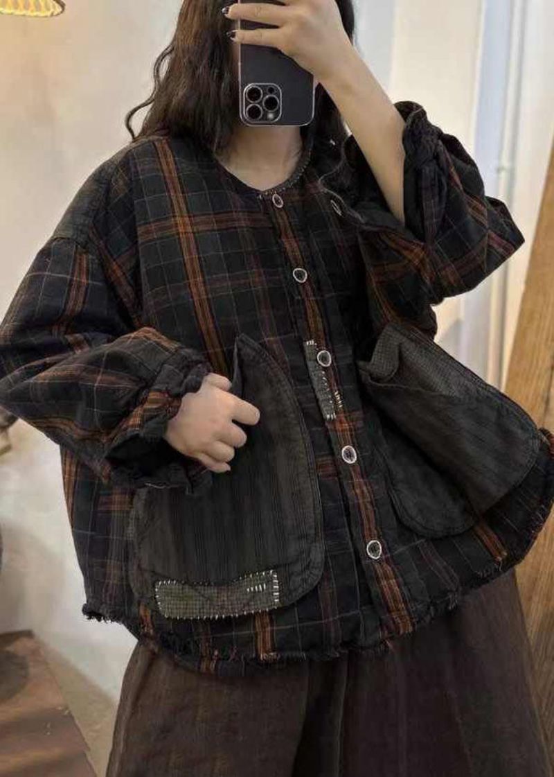 Casual Zwartbruine Geruite Oversized Patchwork Grote Zakken Fijne Katoenen Gevulde Jas Winter