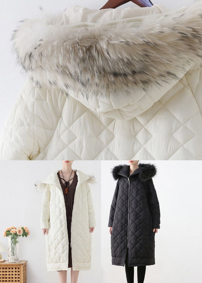 Casual Zwarte Bontkraag Met Ritssluiting En Dikke Parka Met Capuchon Winter - Zwart