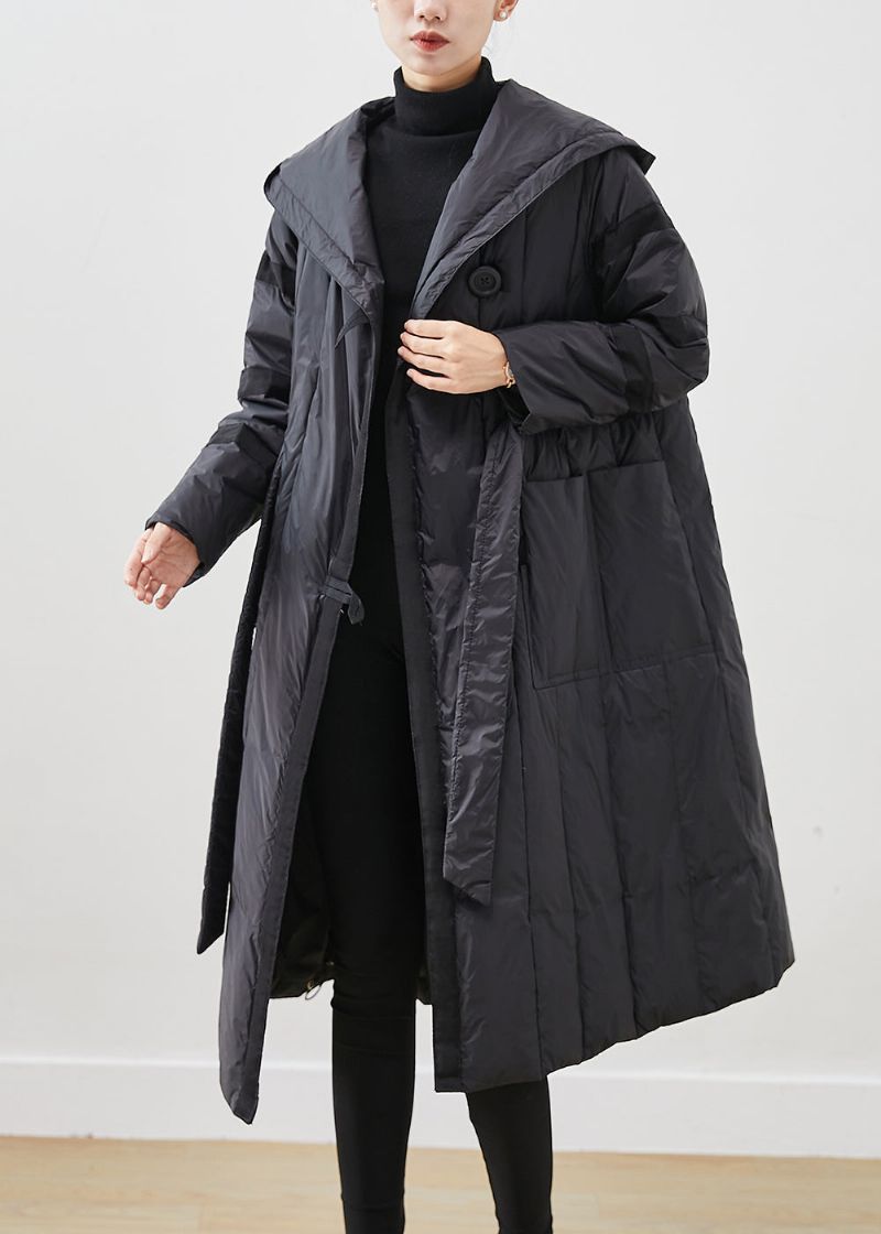 Casual Zwarte Oversized Eendendonsjassen Met Strikband In De Taille Winter