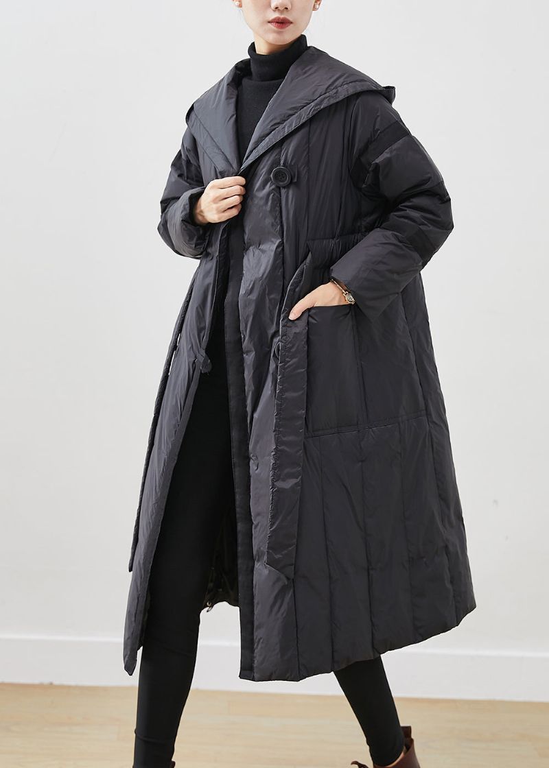 Casual Zwarte Oversized Eendendonsjassen Met Strikband In De Taille Winter - Dames donsjacks