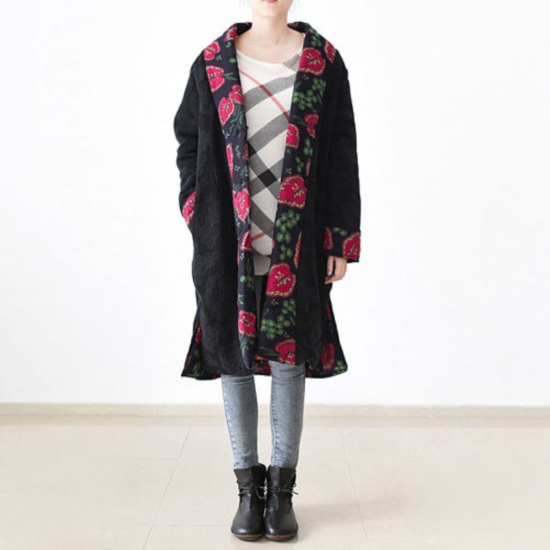 Casual Zwarte Print Puffers Jassen Losvallend Patchwork Donsjack Voor Dames Met Open Zijkant