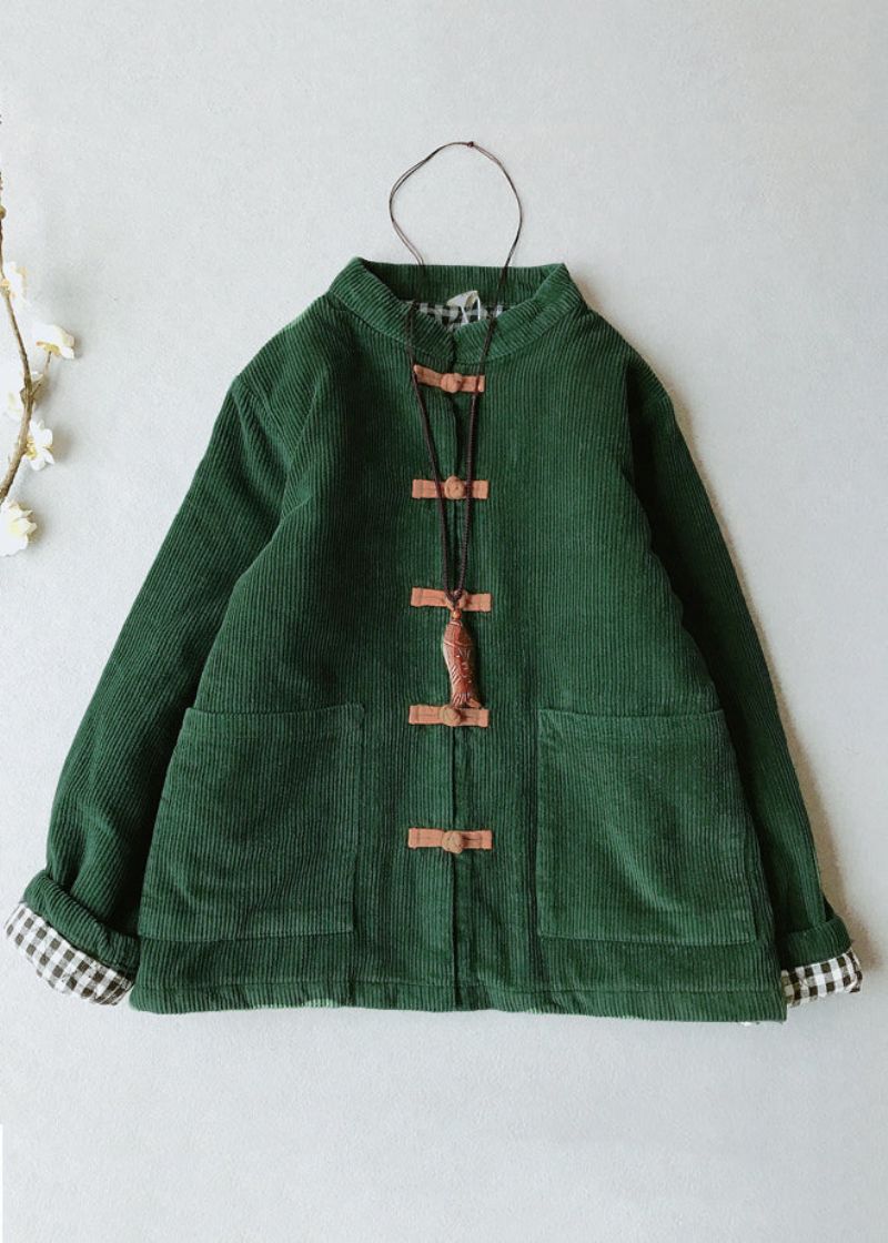 Casual Zwartgroene O-halszakken Dikke Corduroy Parka Winter - Zwartachtig Groen