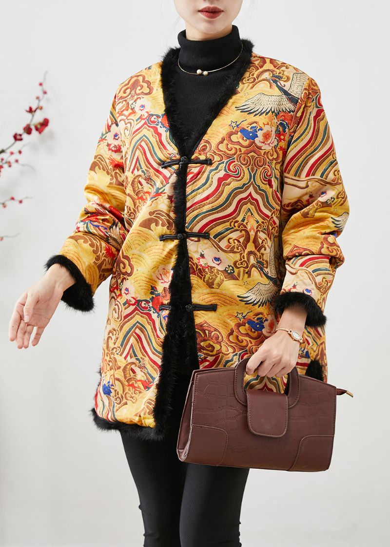 Chinese Stijl Gele Print Patchwork Nertsenhaar Fijne Katoenen Gevulde Jassen Winter