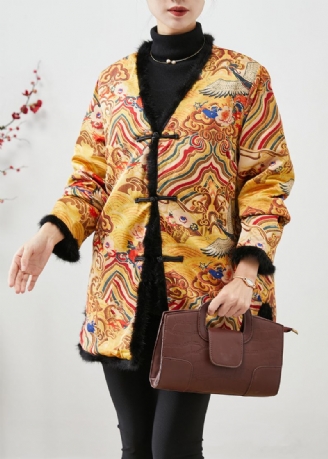 Chinese Stijl Gele Print Patchwork Nertsenhaar Fijne Katoenen Gevulde Jassen Winter