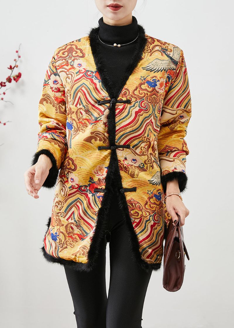 Chinese Stijl Gele Print Patchwork Nertsenhaar Fijne Katoenen Gevulde Jassen Winter - Dames donsjacks