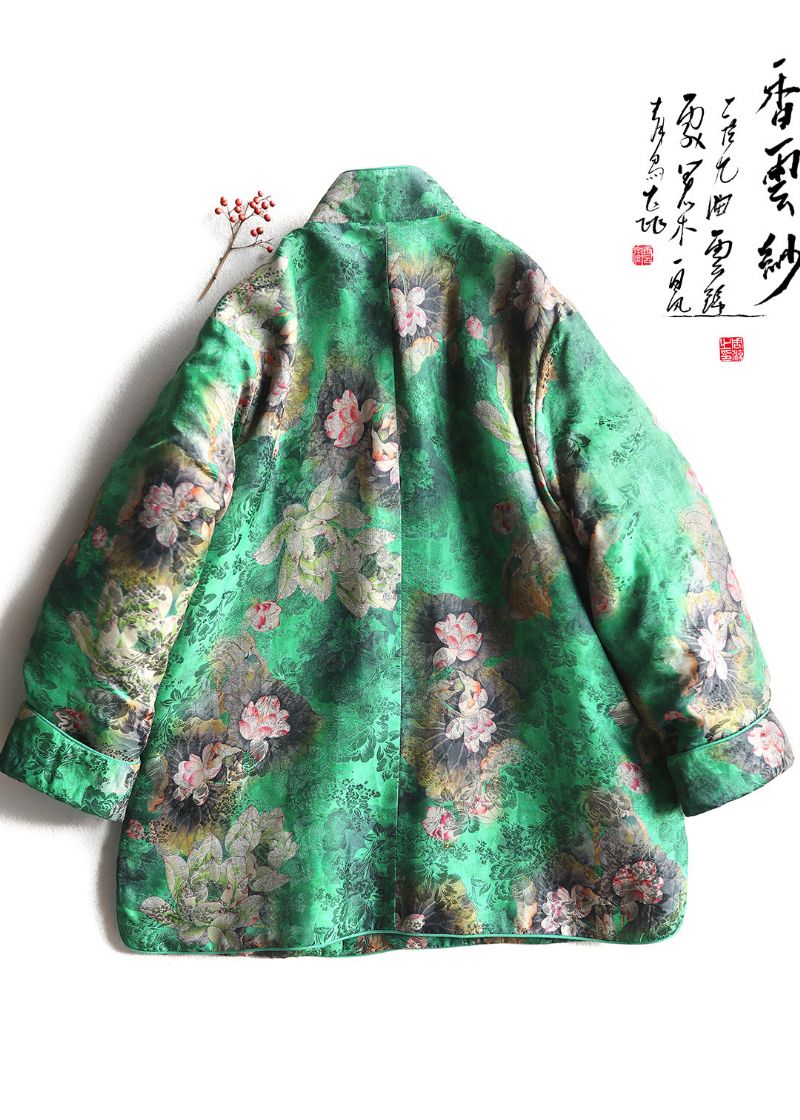 Chinese Stijl Groene Print Knoop Fijn Katoen Gevuld Pufferjack Winter - Dames donsjacks