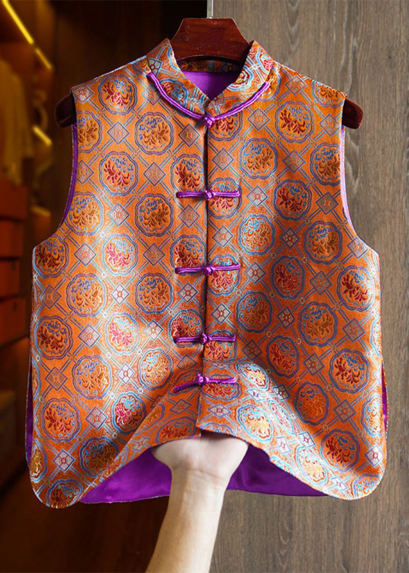 Chinese Stijl Oranje Geborduurde Knopen Patchwork Zijden Vest Herfst