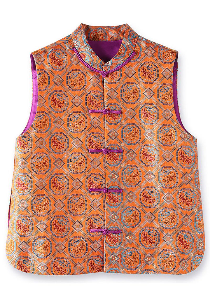 Chinese Stijl Oranje Geborduurde Knopen Patchwork Zijden Vest Herfst - Dames donsjacks