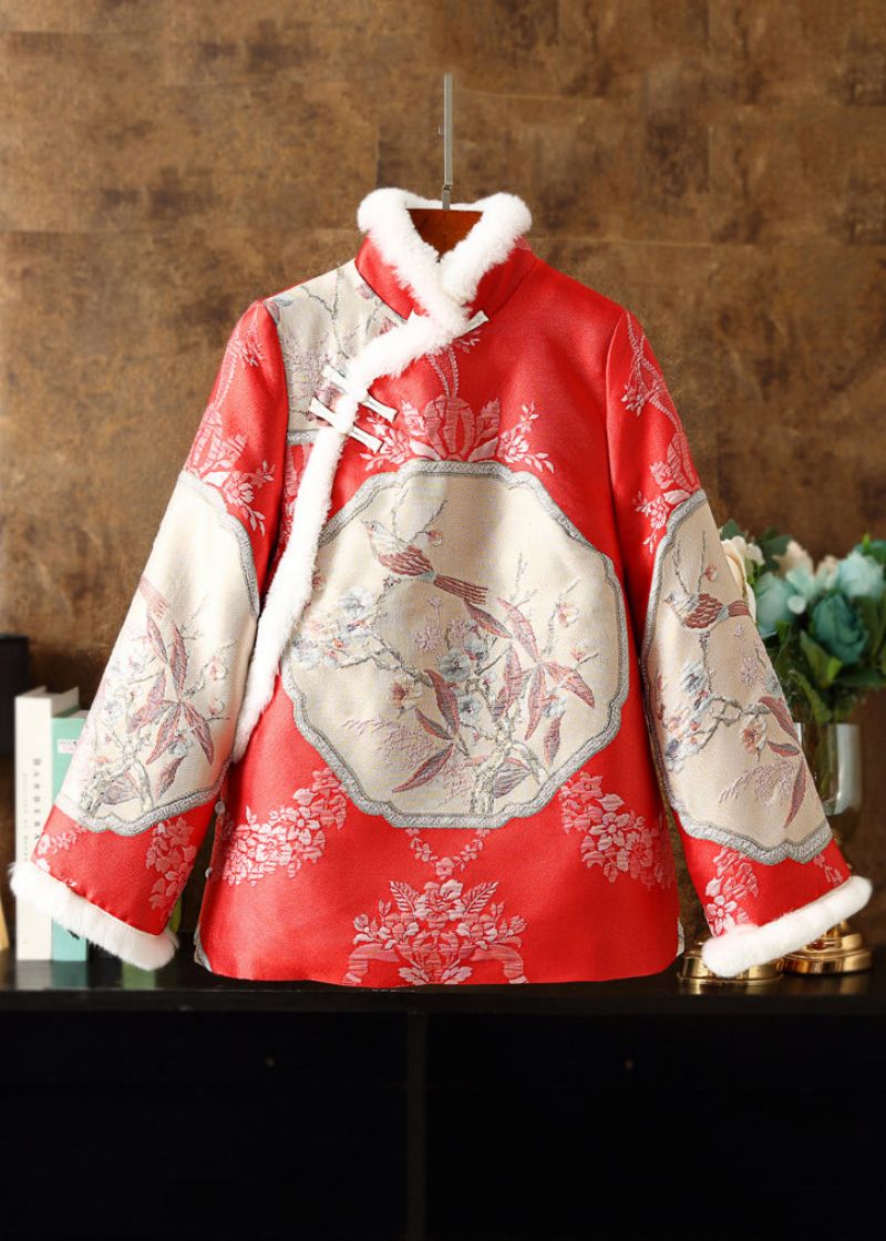 Chinese Stijl Rode Bontkraag Geborduurd Patchwork Parka Winter