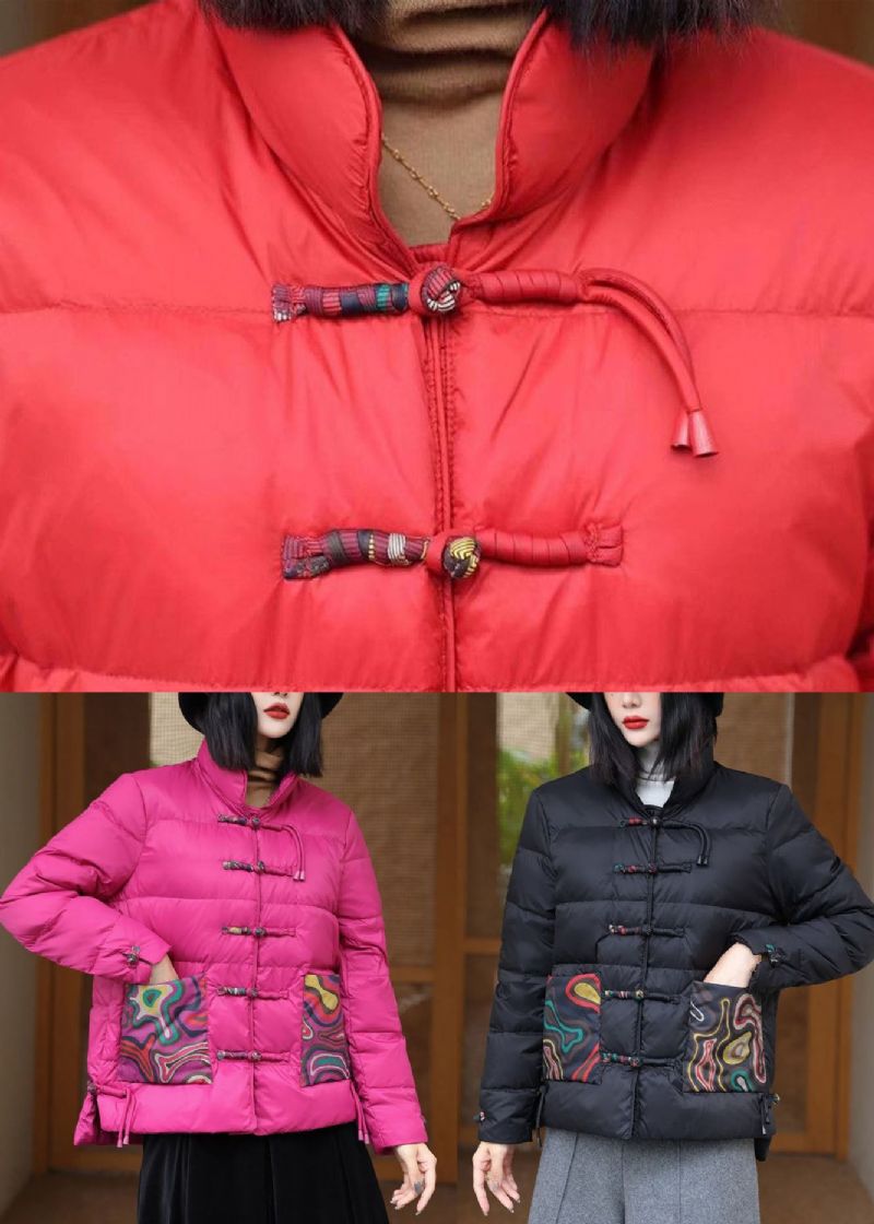 Chinese Stijl Rode Opstaande Kraag Oosterse Knop Eendendons Puffers Jassen Winter - Dames donsjacks