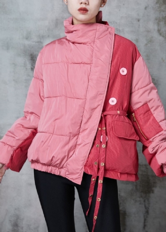 Chique Roze Asymmetrische Patchwork-parka Met Fijne Katoenen Vulling En Veters Winter