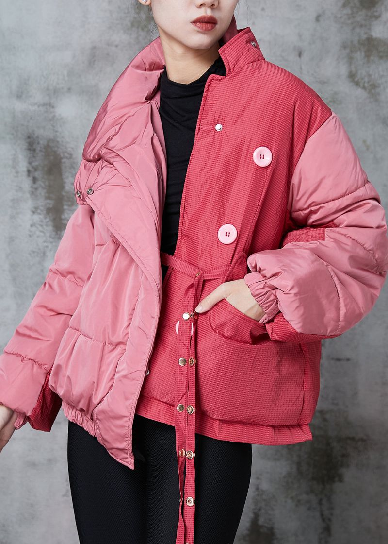 Chique Roze Asymmetrische Patchwork-parka Met Fijne Katoenen Vulling En Veters Winter - Dames donsjacks