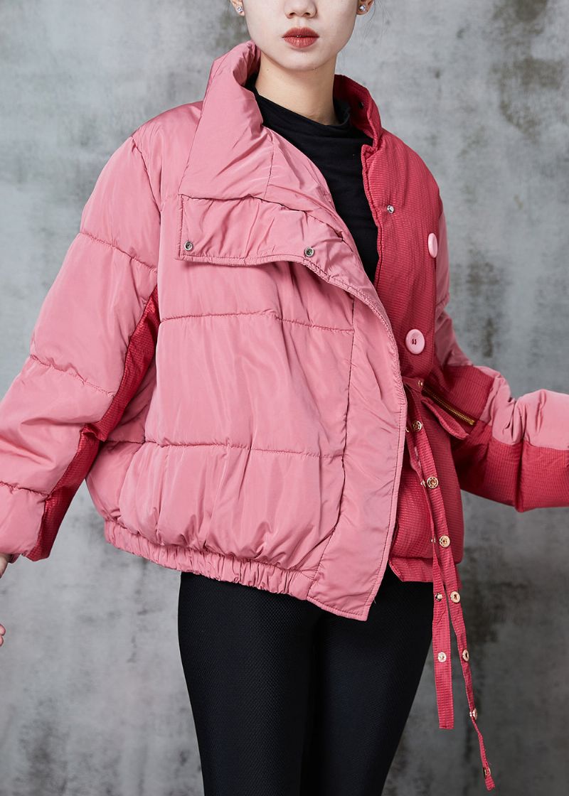 Chique Roze Asymmetrische Patchwork-parka Met Fijne Katoenen Vulling En Veters Winter - Dames donsjacks