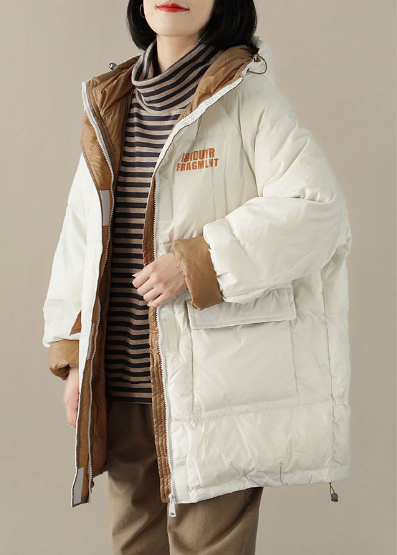 Chique Witte Casual Winterjas Met Capuchon En Zakken - Wit