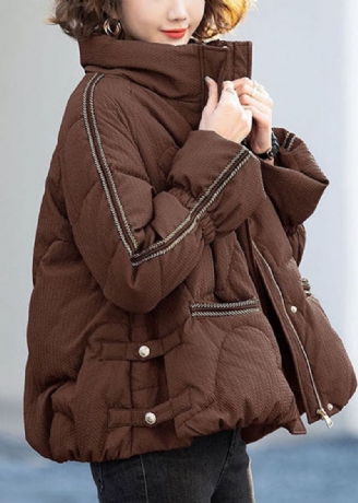 Chocolade Oversized Eendendons Donsjack Met Opstaande Kraag En Ritssluiting Winter