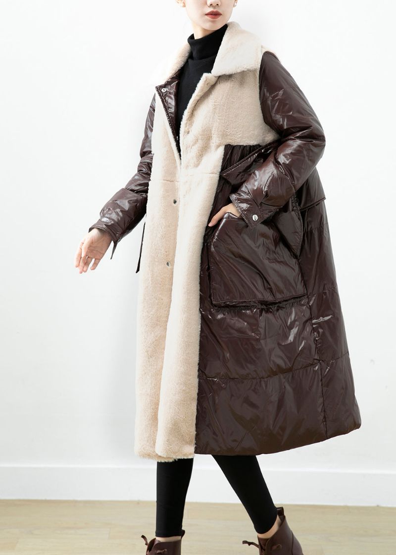 Chocolade Patchwork Nertsfluwelen Eenddonsjas Oversized Winter