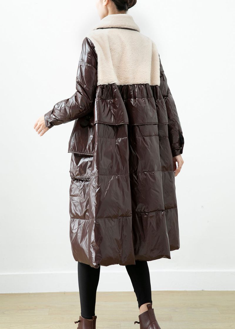 Chocolade Patchwork Nertsfluwelen Eenddonsjas Oversized Winter - Dames donsjacks