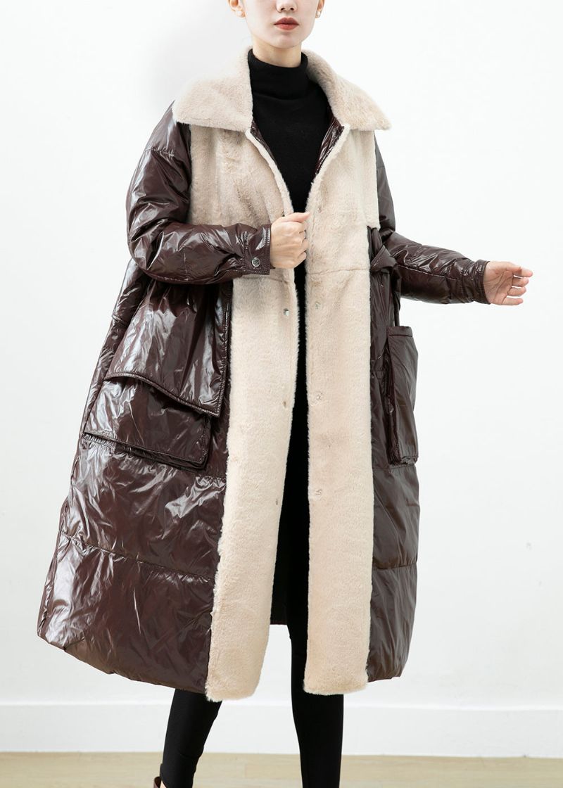 Chocolade Patchwork Nertsfluwelen Eenddonsjas Oversized Winter - Dames donsjacks