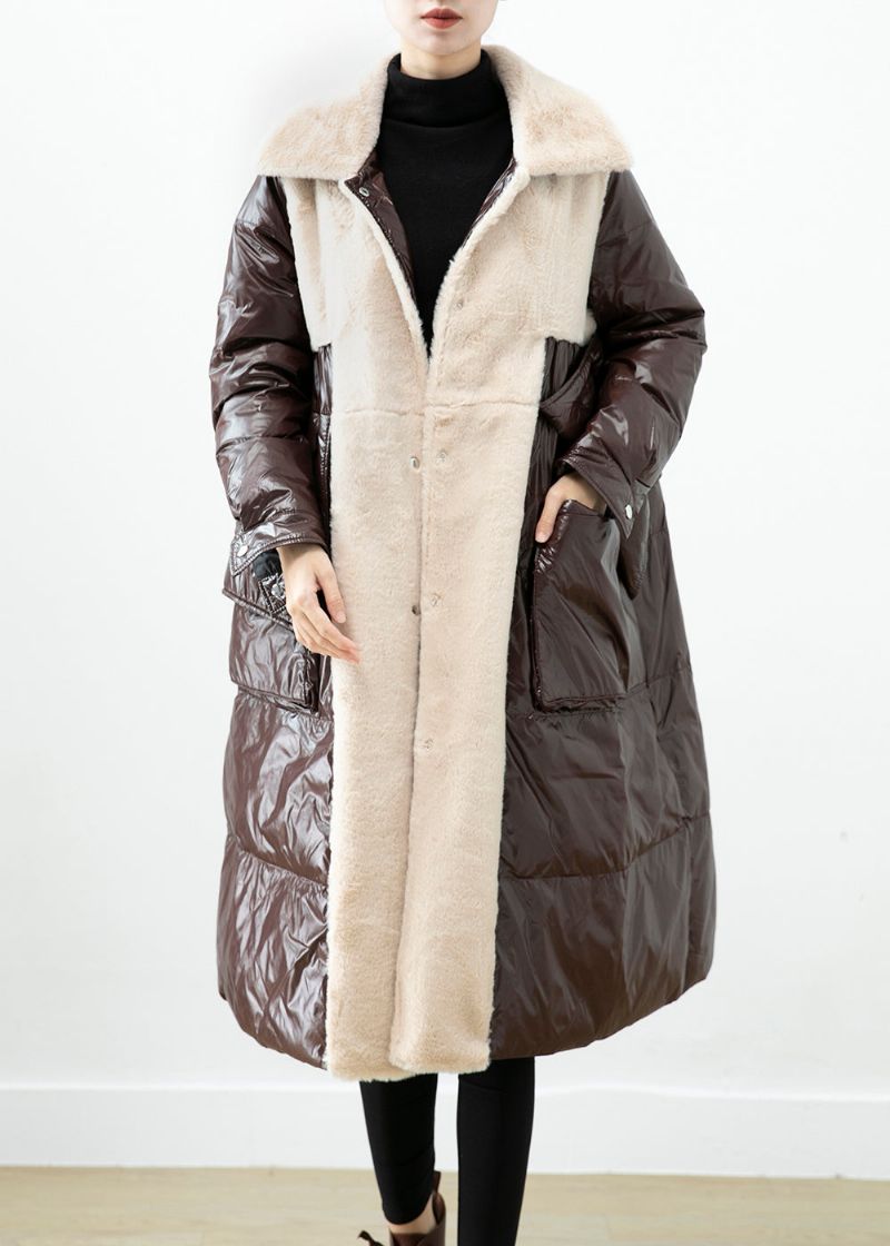 Chocolade Patchwork Nertsfluwelen Eenddonsjas Oversized Winter - Dames donsjacks