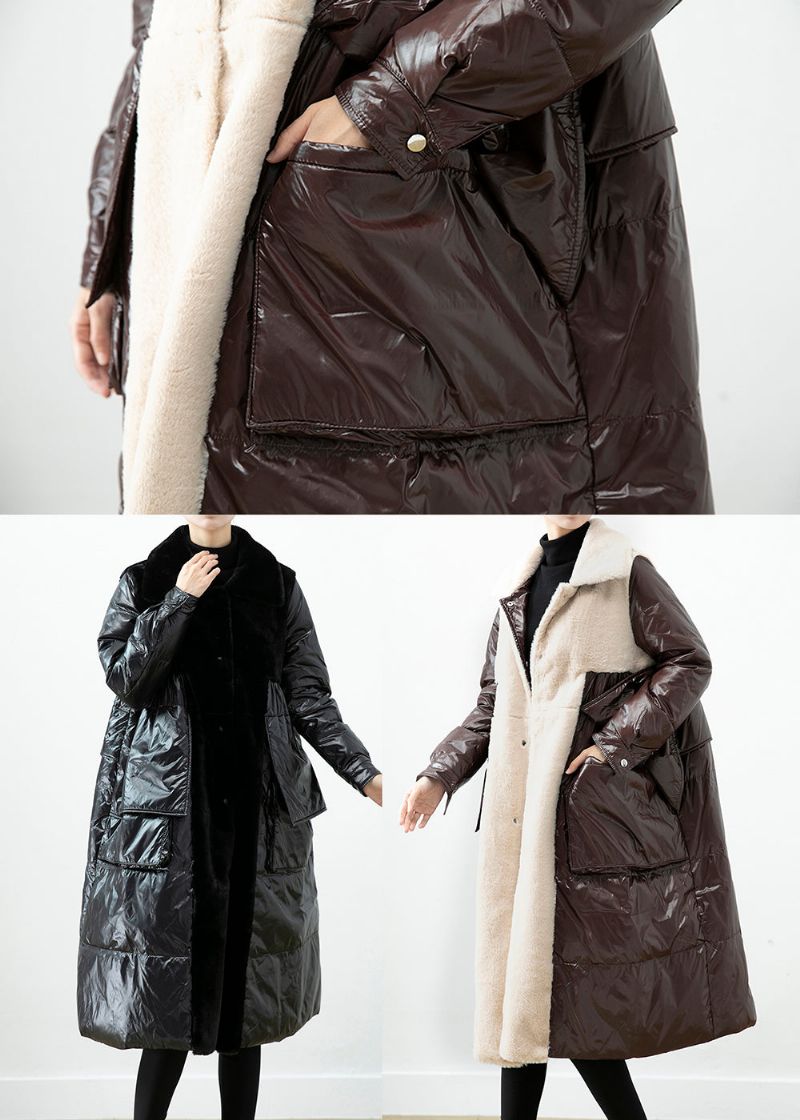 Chocolade Patchwork Nertsfluwelen Eenddonsjas Oversized Winter - Dames donsjacks