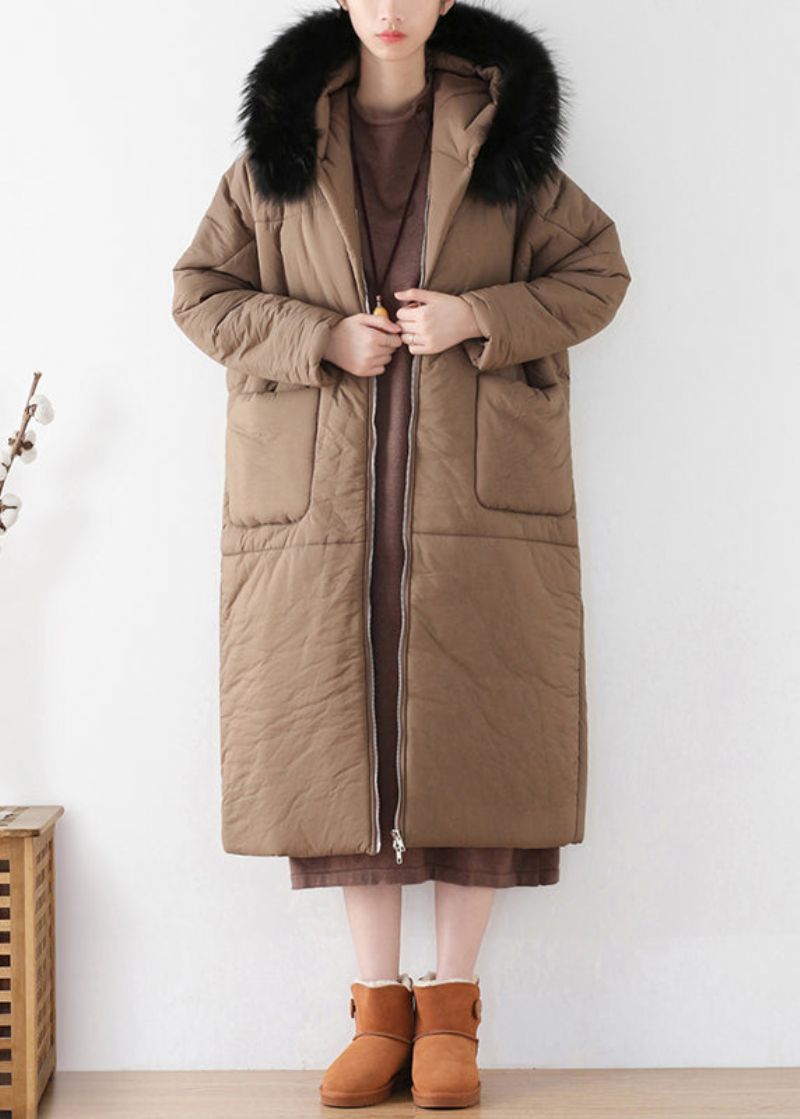 Chocoladekleurige Maxi-parka Met Ritssluiting En Dikke Capuchon Winter - Koffie