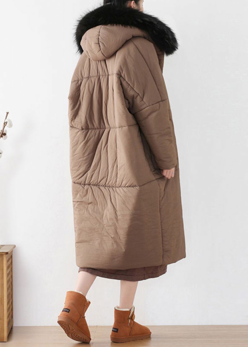 Chocoladekleurige Maxi-parka Met Ritssluiting En Dikke Capuchon Winter - Koffie