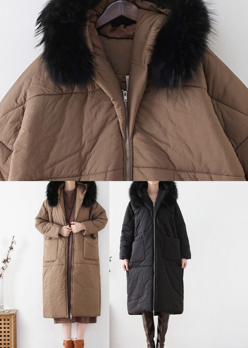 Chocoladekleurige Maxi-parka Met Ritssluiting En Dikke Capuchon Winter - Koffie