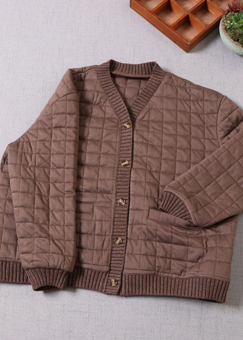 Dames Chocolade Patchwork Fijn Katoenen Gevuld Jack In De Winter Met V-hals