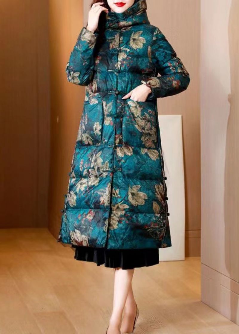 Dames Groene Print Zakken Chinese Knop Eendendons Puffers Jas Winter - Dames donsjacks