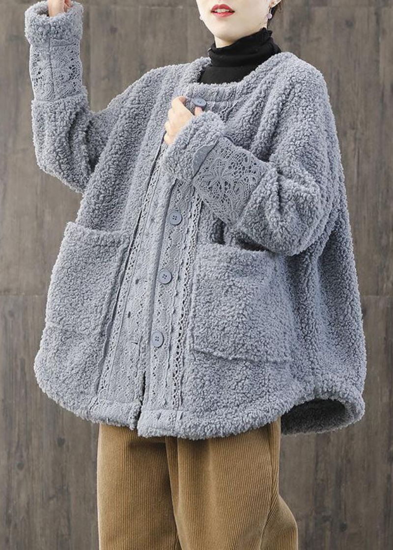 Dames Lichtblauwe O-hals Oversized Kanten Patchwork Teddy Nepbontjassen Winter