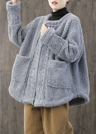 Dames Lichtblauwe O-hals Oversized Kanten Patchwork Teddy Nepbontjassen Winter